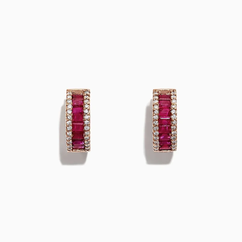 Ruby Royale 14K Rose Gold Baguette Cut Ruby Hoop Earrings, 1.90 TCW