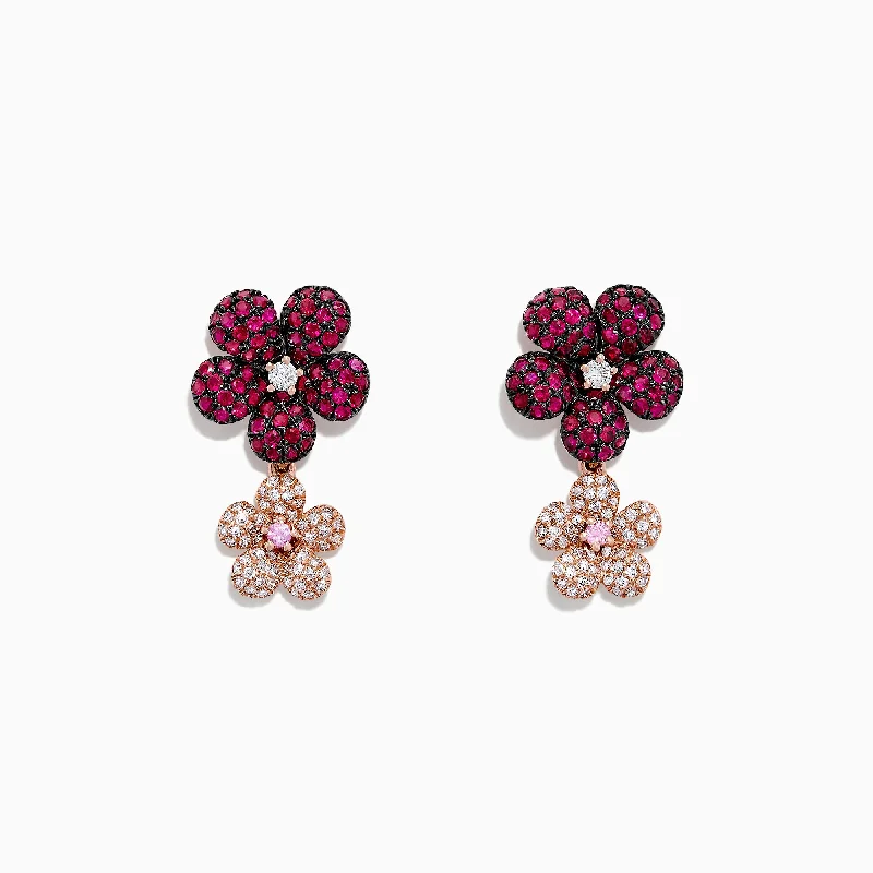 Nature 14K Gold Ruby, Sapphire & Diamond Flowers Earrings, 1.80 TCW