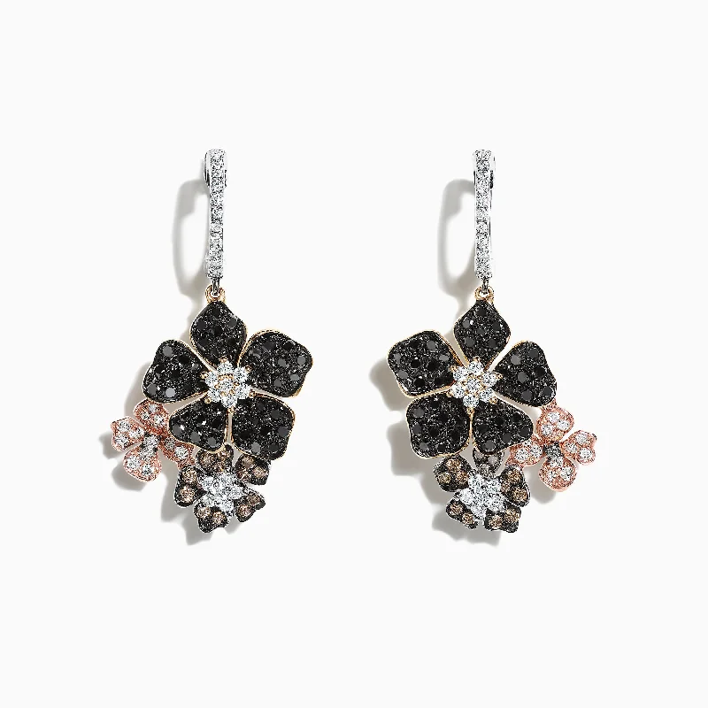 Nature 14K Tri Color Gold Diamond Flower Earrings, 2.04 TCW