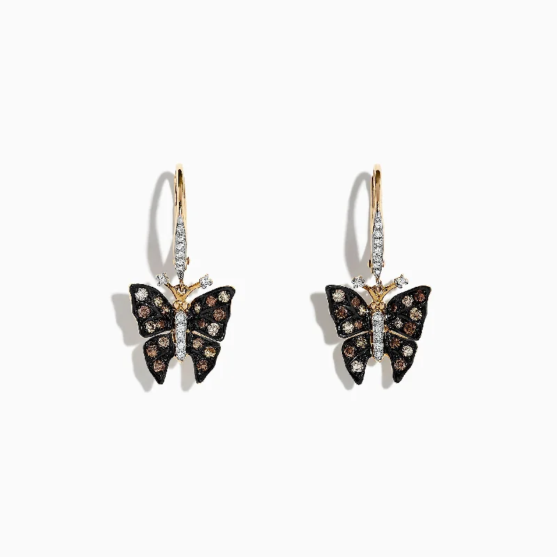 Nature 14K Yellow Gold Espresso & White Diamond Butterfly Earrings, 0.57 TCW