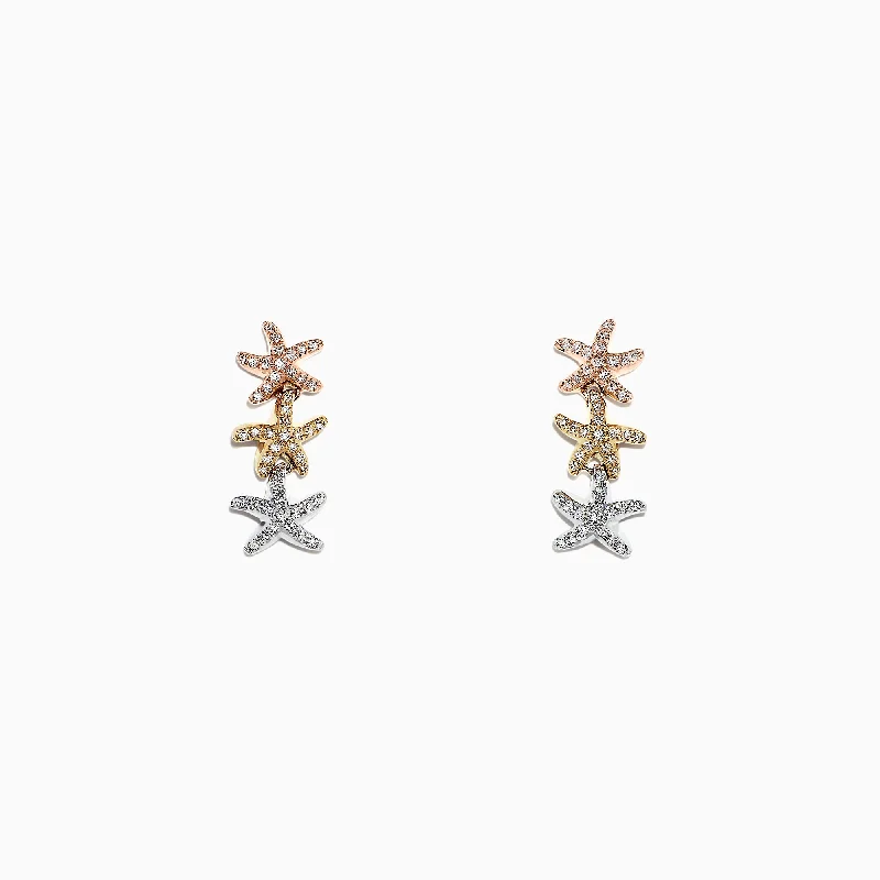 Seaside 14K Tri Color Gold Diamond Starfish Earrings, 0.33 TCW