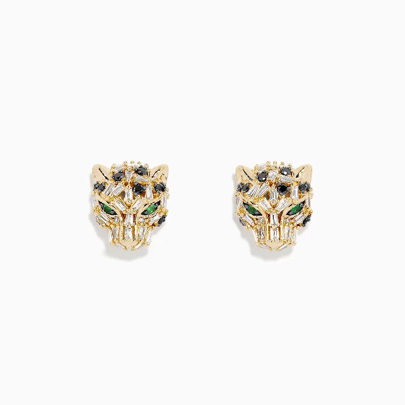 Signature 14K Yellow Gold Black and White Diamond Panther Earrings