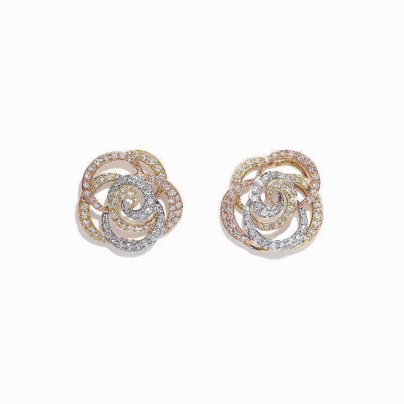 Trio 14K Tri Tone Gold Diamond Flower Earrings, 0.61 TCW