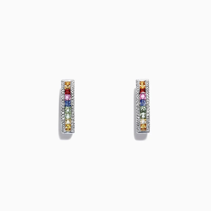 Watercolors 14K White Gold Multi Sapphire & Diamond Hoop Earrings