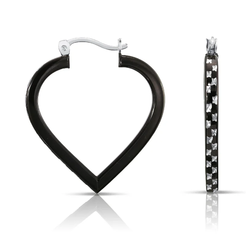 Fancy Glossy Black Diamond-cut Heart Hoop Earrings in Sterling Silver