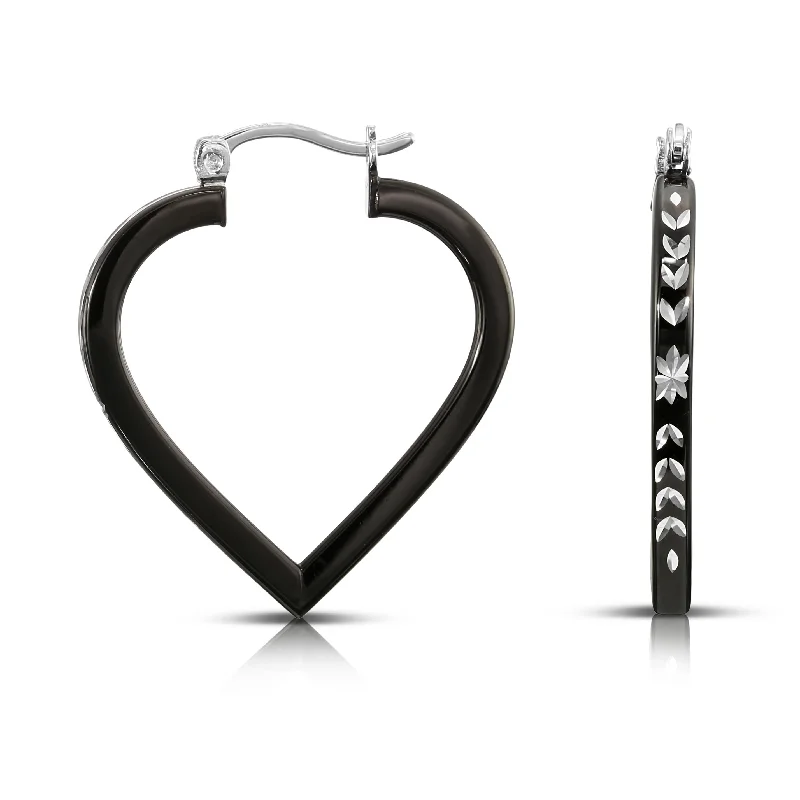 Fancy Glossy Black Heart Hoop Earrings with Hand Engraved Floral Diamond-cut in Sterling Silver