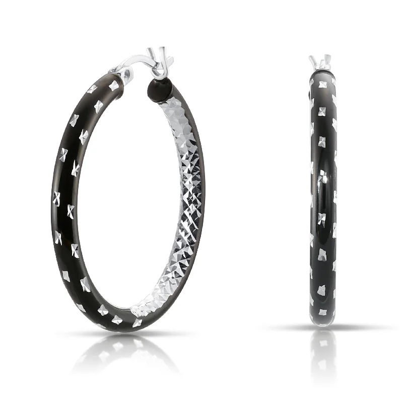 Glossy Black Diamond Cut Hoop Earrings in Sterling Silver