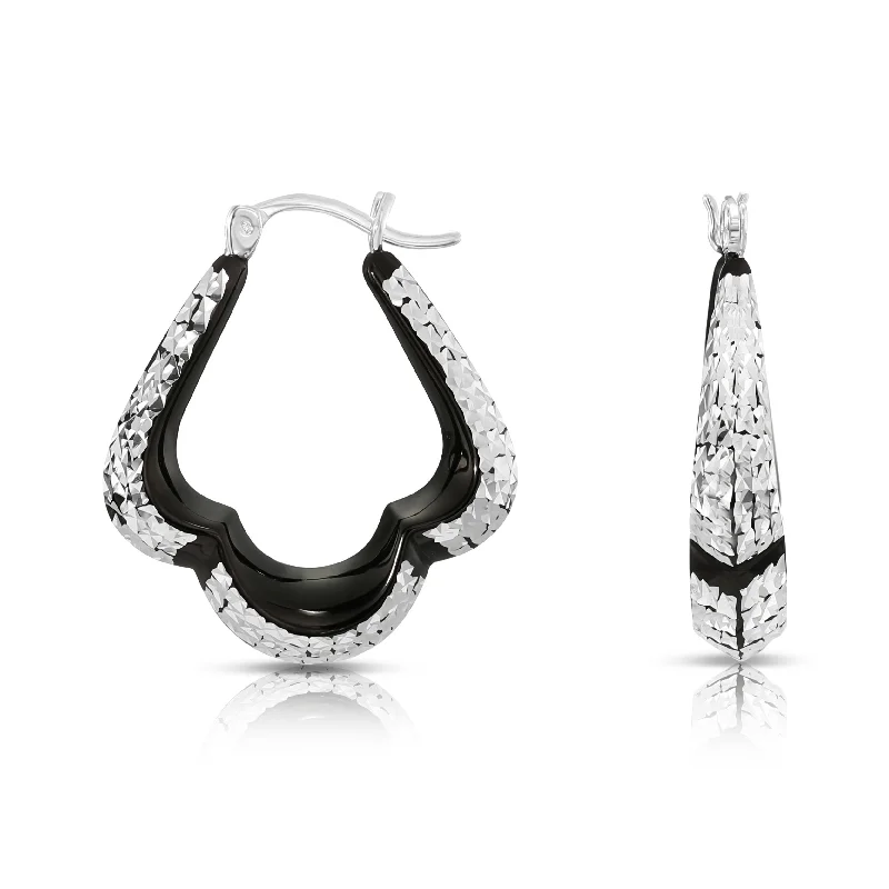 Glossy Black Three Point Diamond Cut Hoop Earrings in Sterling Silver