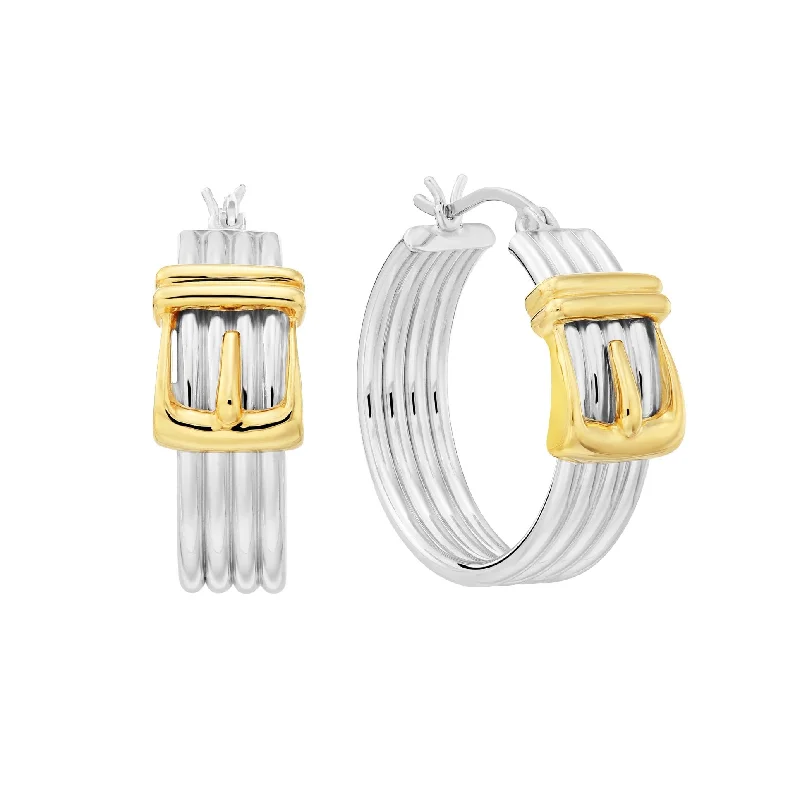 Fancy Two-tone Buckle Style Hoop Earrings in Sterling Silver