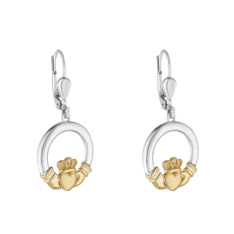 10K Gold And Sterling Silver Diamond Claddagh Earrings