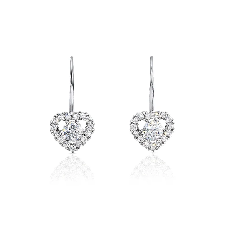 CZ Heart Earrings with Dangle Drop Design in Sterling Silver