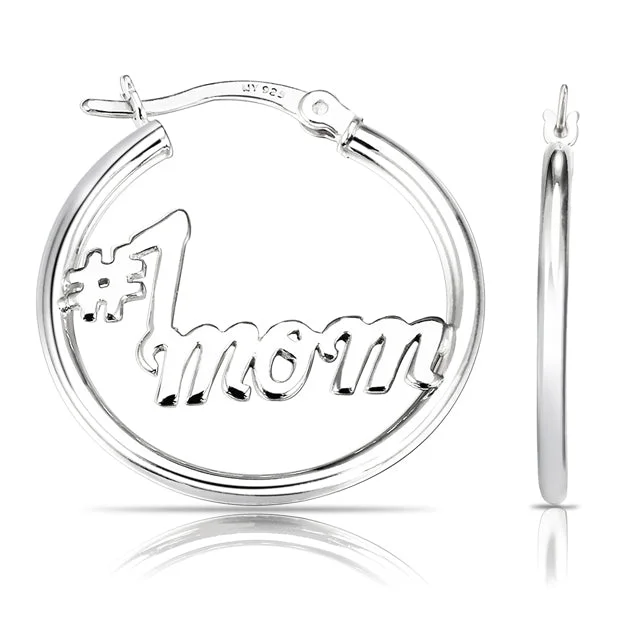 #1 Mom Round Hoop Earrings, Mothers Day Special in Sterling Silver