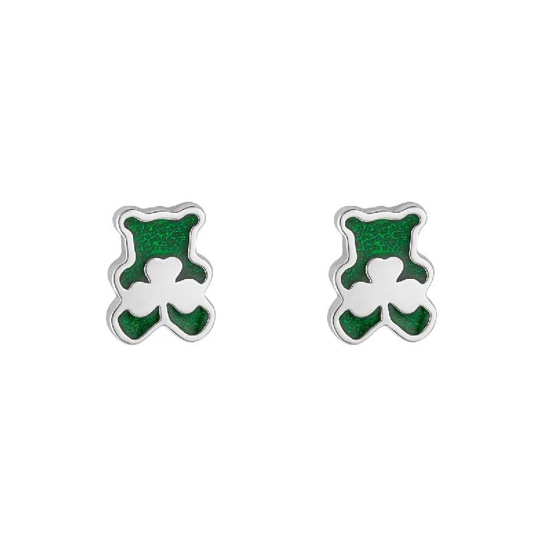 Sterling Silver Enamel Shamrock Teddy Bear Earrings