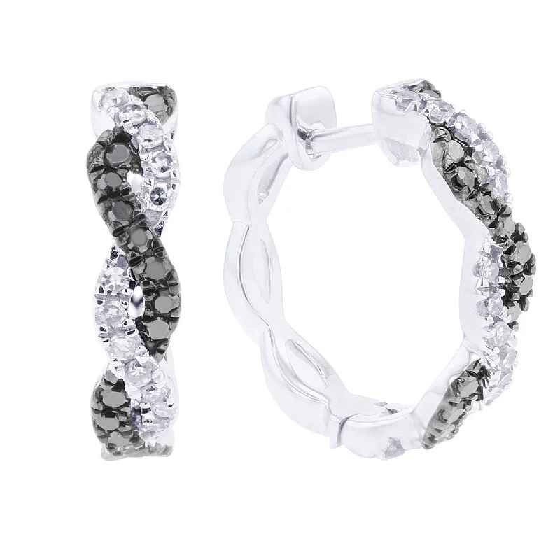 Silver Braided Black Diamond Hoop Earrings