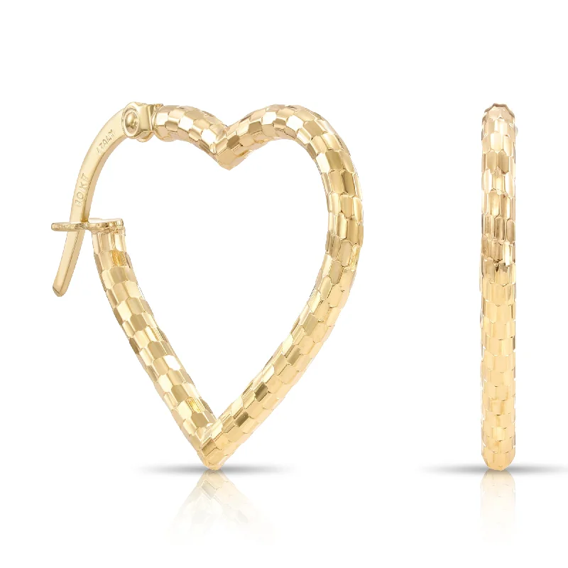 Solid 10K Yellow Gold Diamond-Cut Heart Hoop Earrings, Italian Style Design Hoops