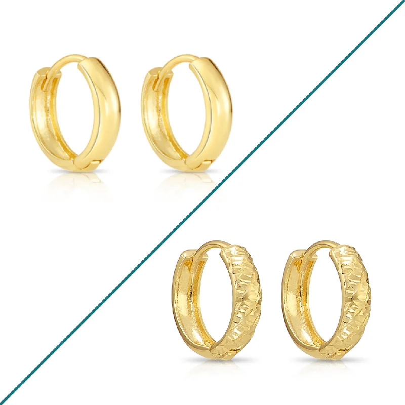 Solid 14K Gold Huggie Hoop Earrings, Classic Or Diamond-Cut Design, 12mm (0.5 In)