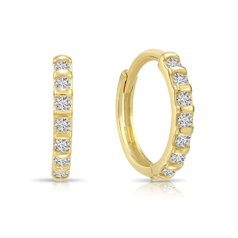 Solid 14K Yellow Gold Huggie Hoop Earrings, Single Row CZ Hoops, 12.5mm