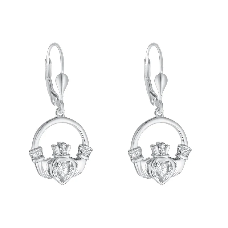 Sterling Silver Large Cz Heart Claddagh Earrings