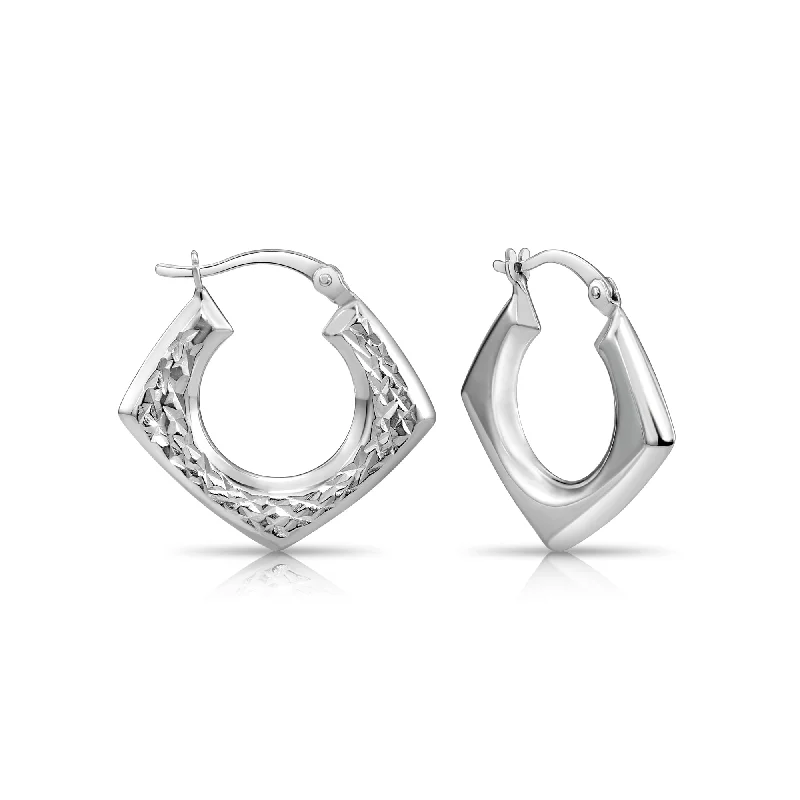 Sterling Silver Diamond-Cut Square Hoop Earrings, Hand Engraved Design