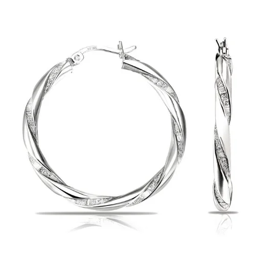 Twisted Glitter Round Hoop Earrings in Sterling Silver