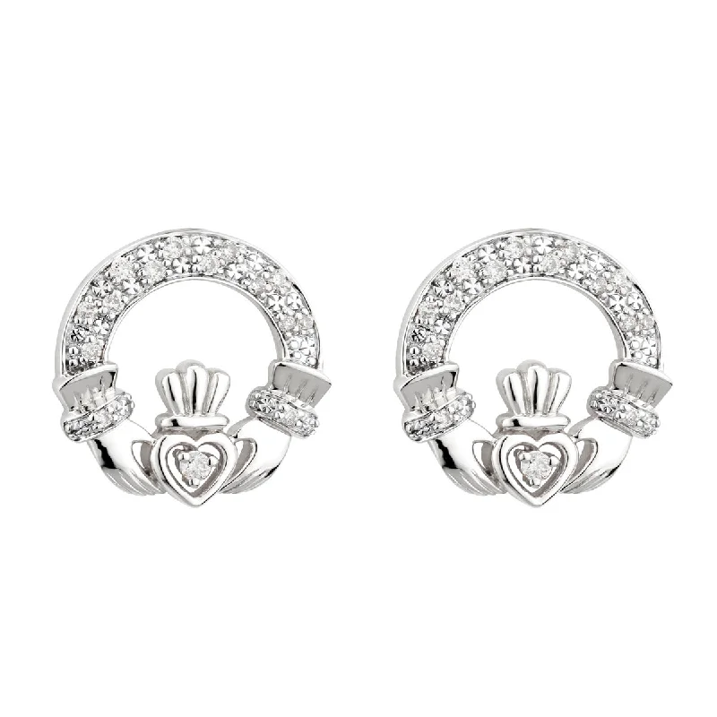 14K White Gold Diamond Claddagh Earrings