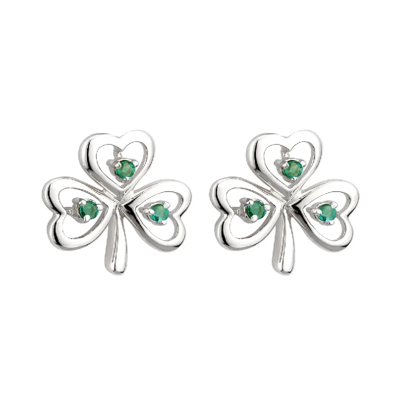 14K White Gold Emerald Shamrock Earrings