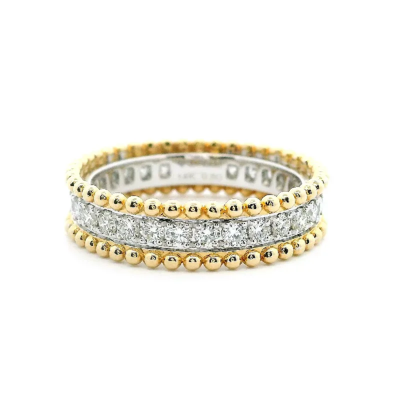 14K Yellow & White Gold 0.80cttw. Diamond Center Beaded Edge Fashion Ring