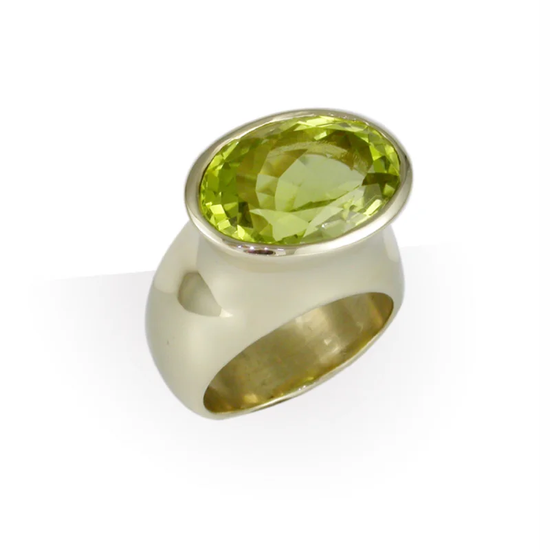 Olive Green CZ Ring, Yellow Gold