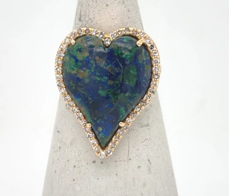 18K Yellow Gold Heart Shaped Azurite Malachite & Diamond Ring