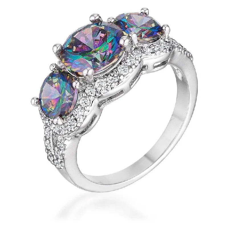 4 Ct Three Stone Rhodium Ring With Mystic And Clear Cz