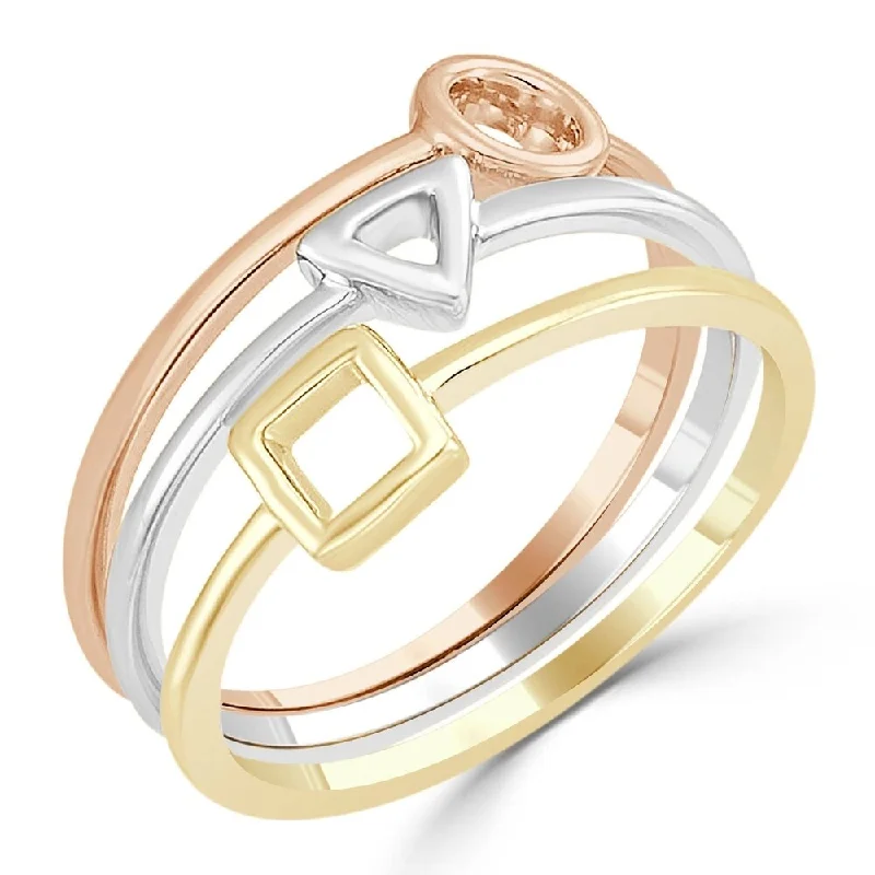 Auriya 10k Tri-Color Gold Geometric Triple Band Stacked Ring