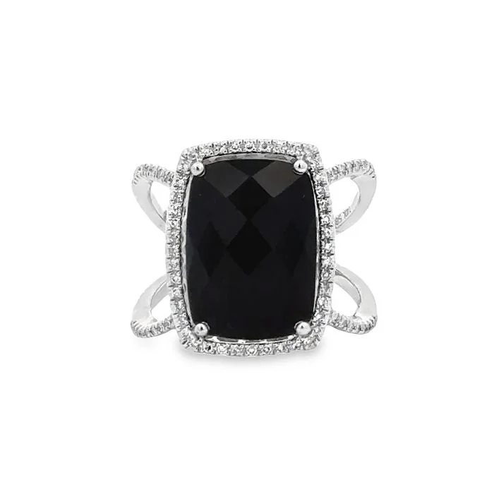 Mountz Collection Black Onyx Ring with Diamond Halo in 14K White Gold