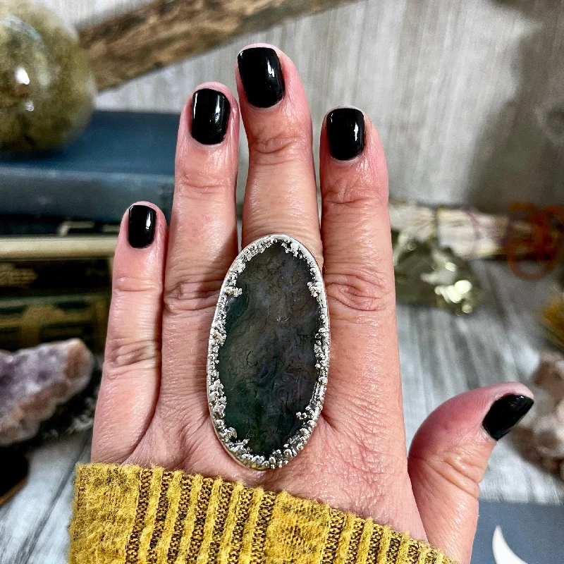 Big Size 8 Silver Natural Fancy Moss Agate Crystal Statement Ring / Foxlark Collection - One of a Kind