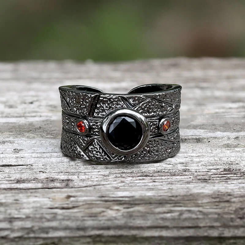 Black Textured Stone-set Alloy Open Ring