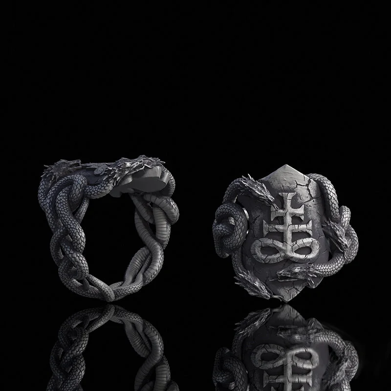 Coiled Snake Leviathan Cross Sterling Silver Ring