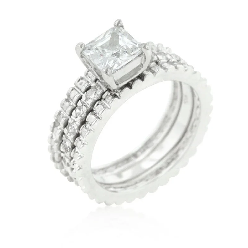 Cubic Zirconia Bridal Triple Ring Set With Rhodium Plated