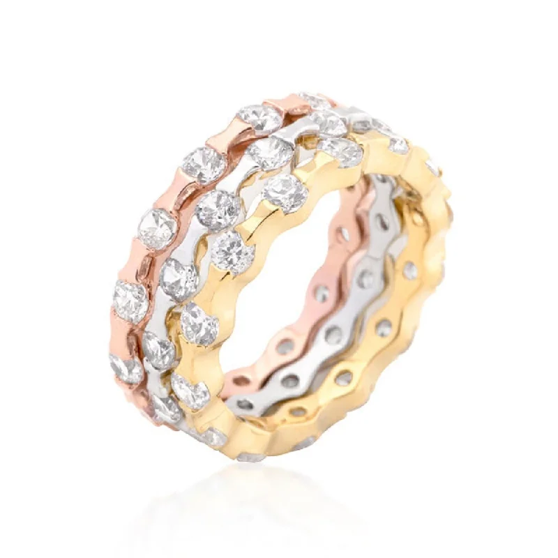 Cubic Zirconia Invisible Tri-Tone Stackable Rings For Women