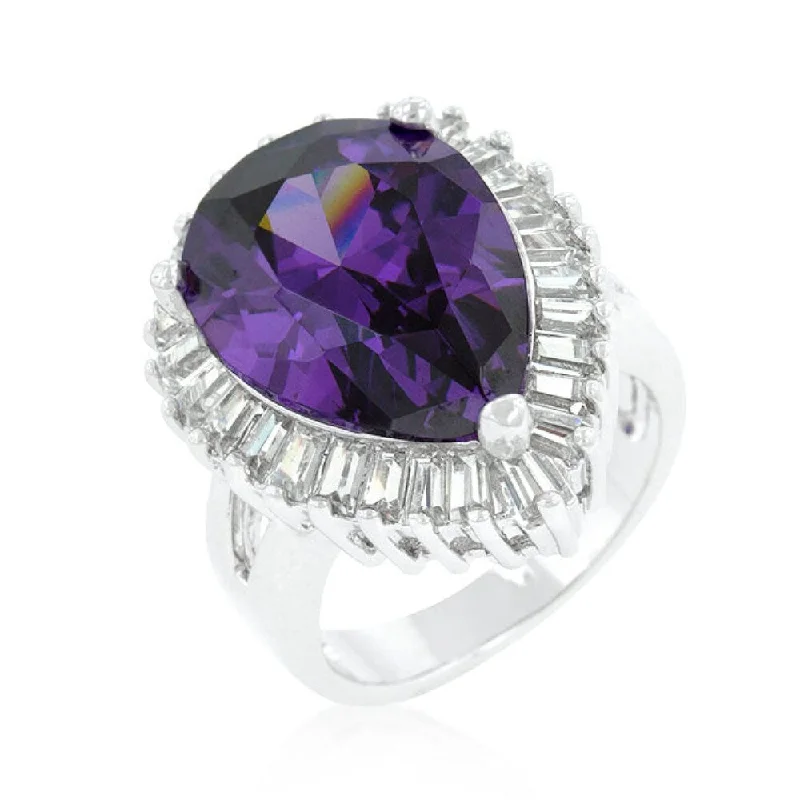 Cubic Zirconia Purple And Clear Cocktail Pear Cut Ring