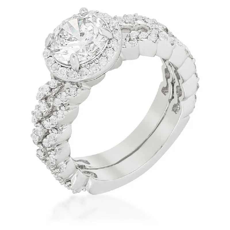 Cubic Zirconia Zig Zag Wedding Ring Set With Rhodium Finish