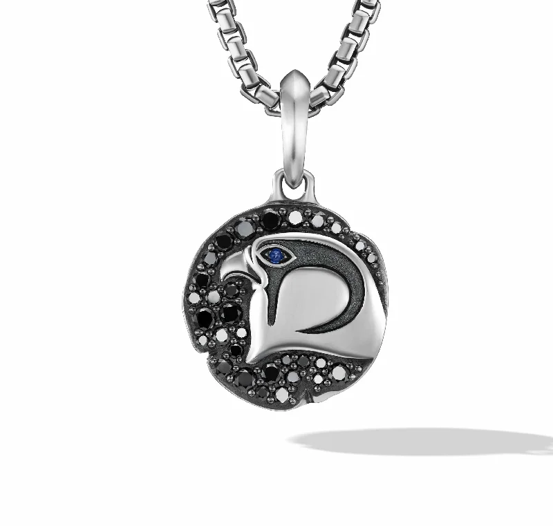 Cairo Falcon Amulet in Sterling Silver with Sapphire and Pave Black Diamonds