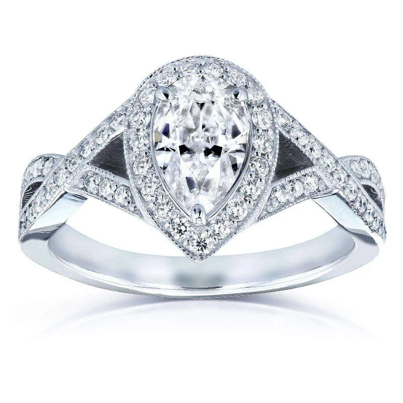 Pear Moissanite and Diamond Halo Crossover Engagement Ring  1 1/3 CTW 14k White Gold (DEF/VS, GH/I)