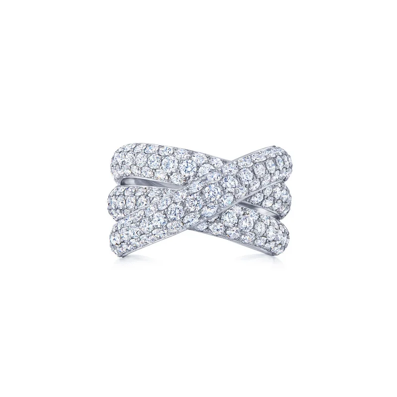 Moonlight Three-Row Crossover Ring with Pavé Diamonds