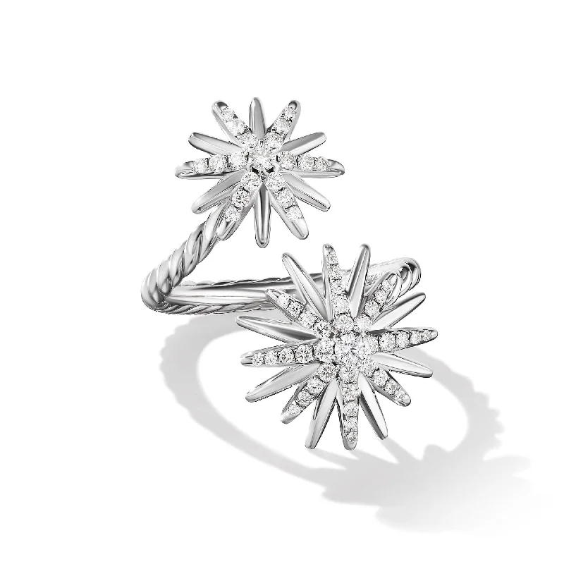 Starburst Bypass Ring in Sterling Silver with Pave Diamonds