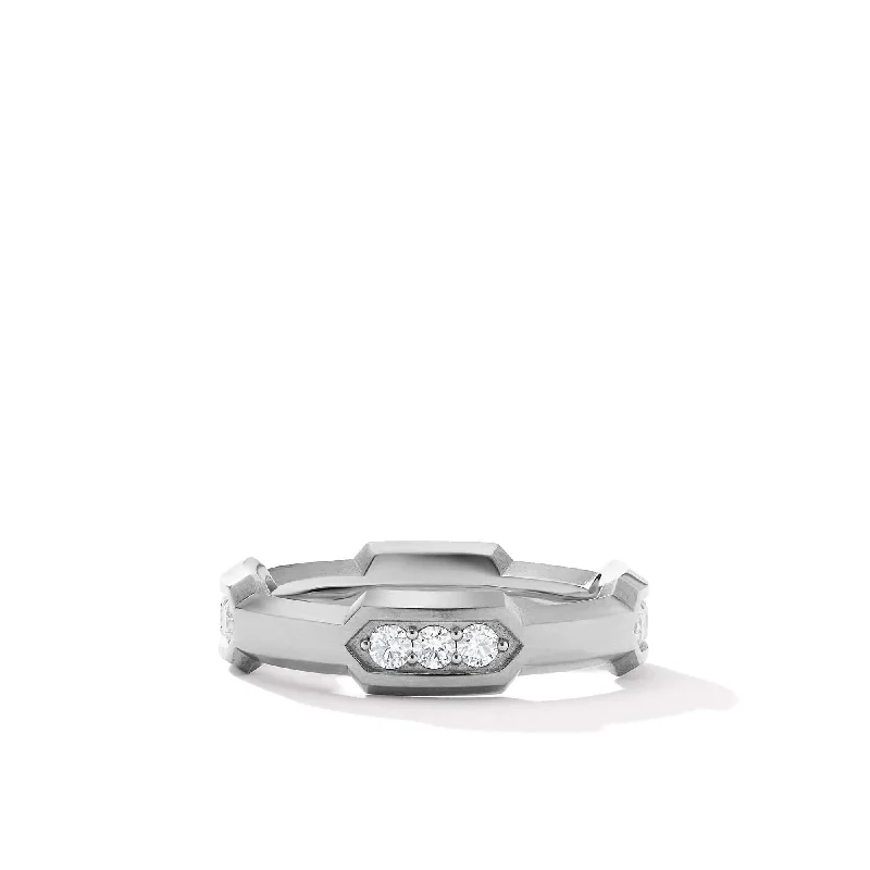 Hex Station Band Ring in Sterling Silver with Pave Diamonds