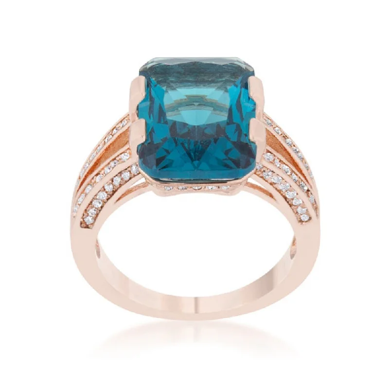 Rema 8.6Ct Aqua Cz Rose Gold Emerald Classic Cocktail Ring