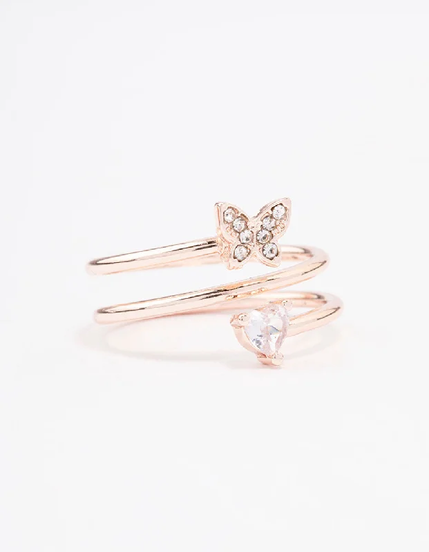 Rose Gold Plated Heart Butterfly Wrapped Ring