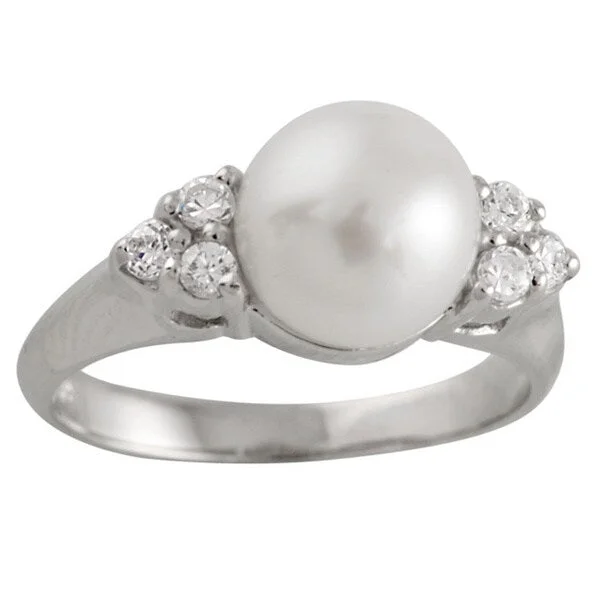 Sterling Silver Triple Cubic Zirconia and Fancy Pearl Ring (8-9mm)