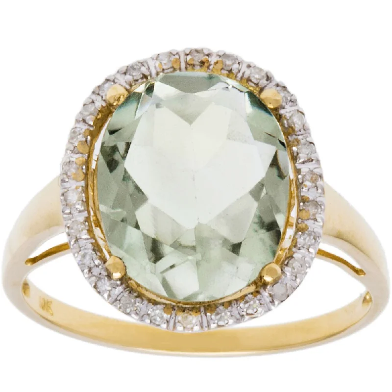 Viducci 10k Gold Genuine Green Amethyst and 1/6ct TDW Diamond Halo Ring (G-H, I1-I2)