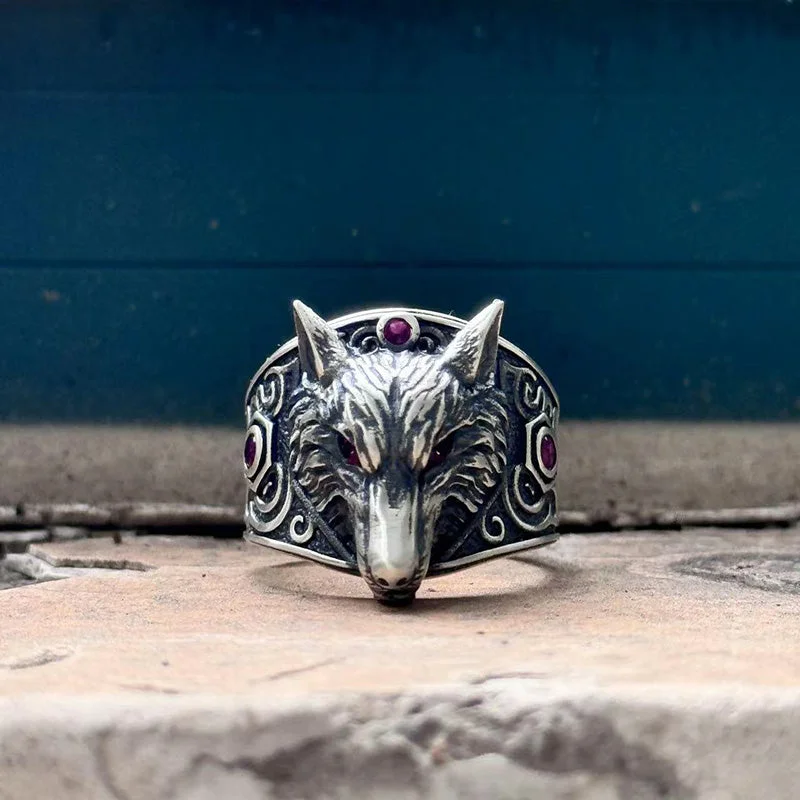 Vintage Red Eyed Wolf Zircon Sterling Silver Ring