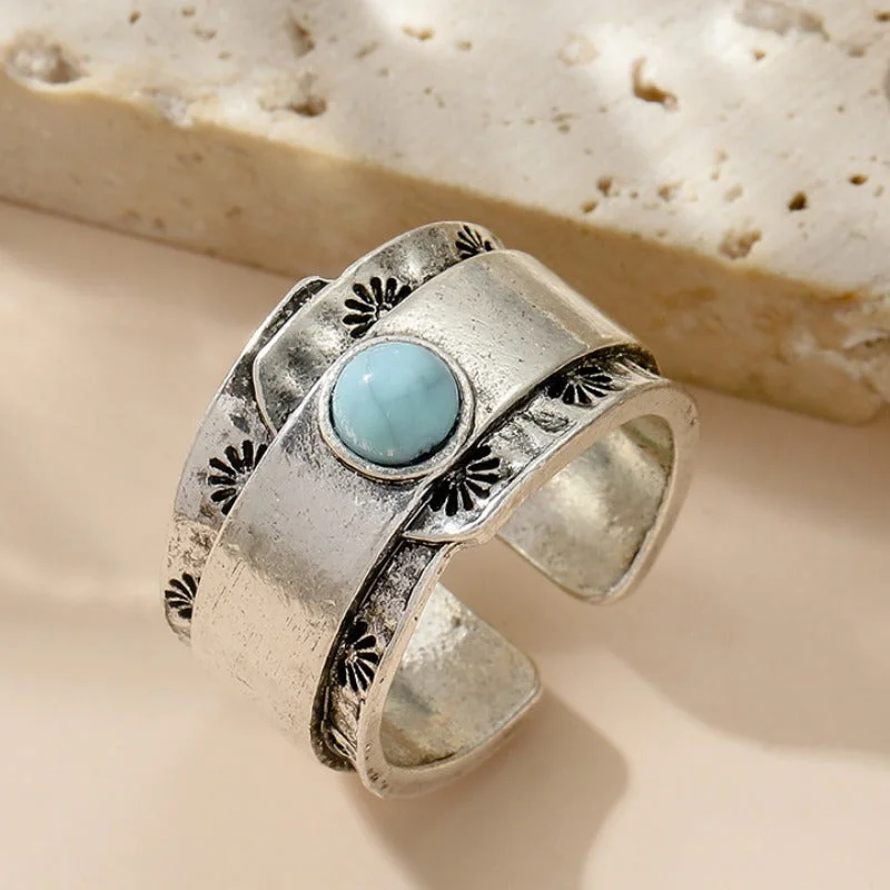 Wholesale Antique Silver Wide-rim Sunflower Pattern Turquoise Open Ring